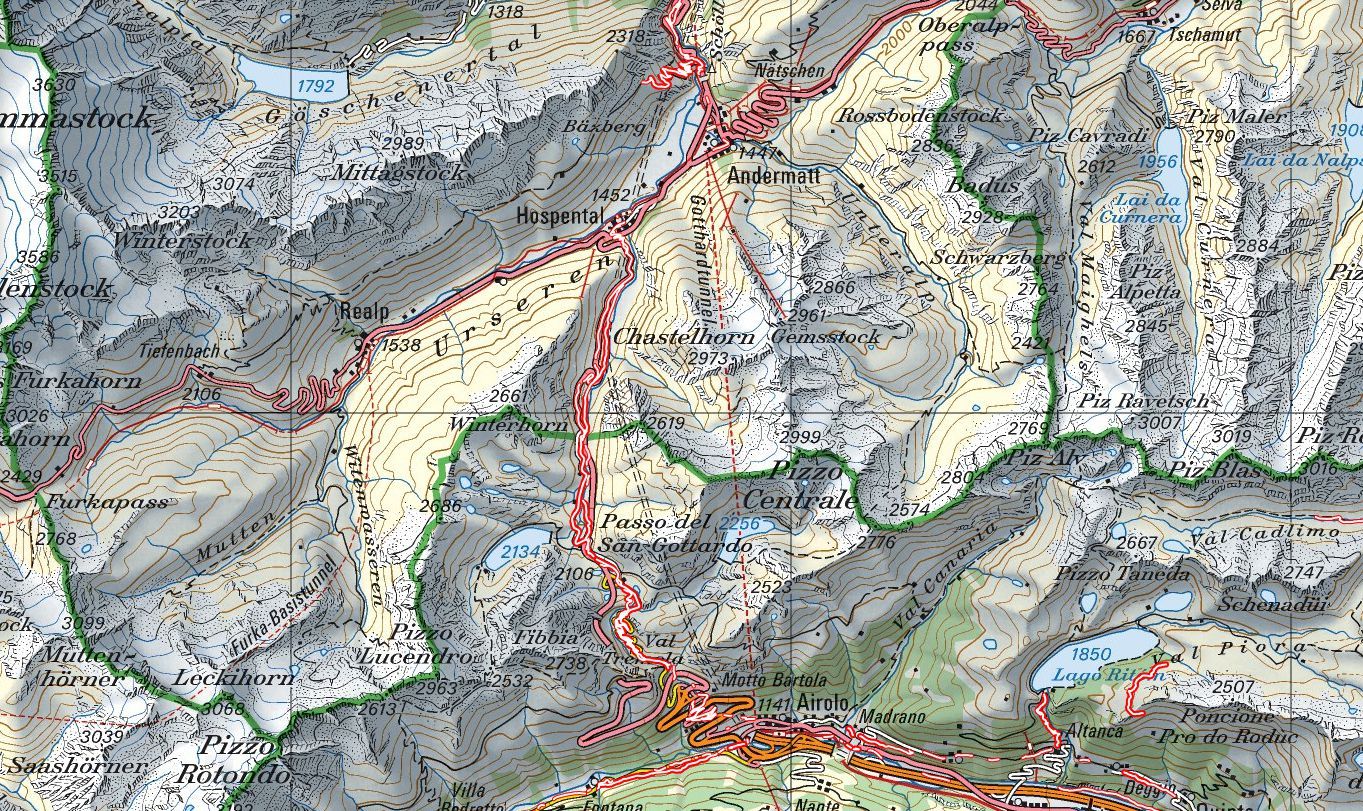 Die historischen Verkehrswege im Gotthard-Gebiet in rot/weiss (swisstopo).
