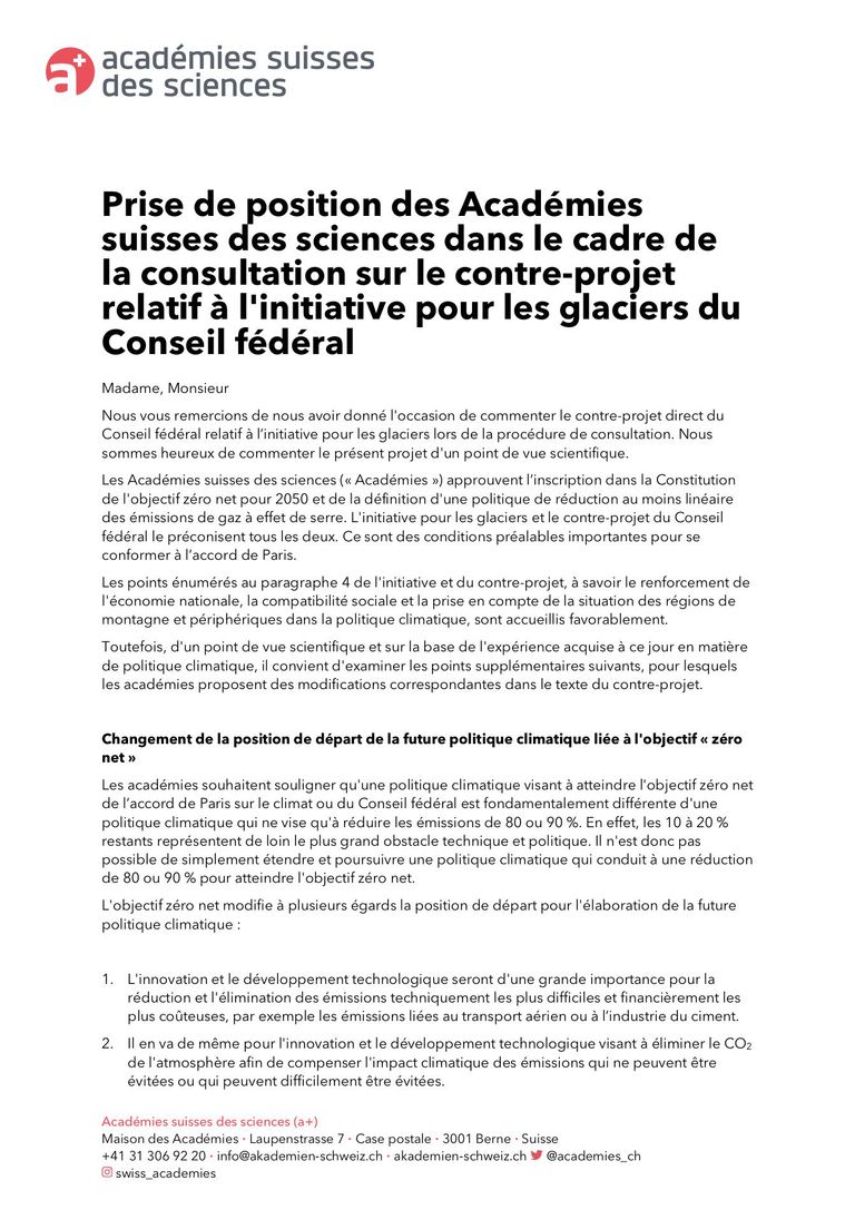 Prise de position des Académies suisses des sciences dans le cadre de la consultation sur le contre-projet relatif à l'initiative pour les glaciers du Conseil fédéral