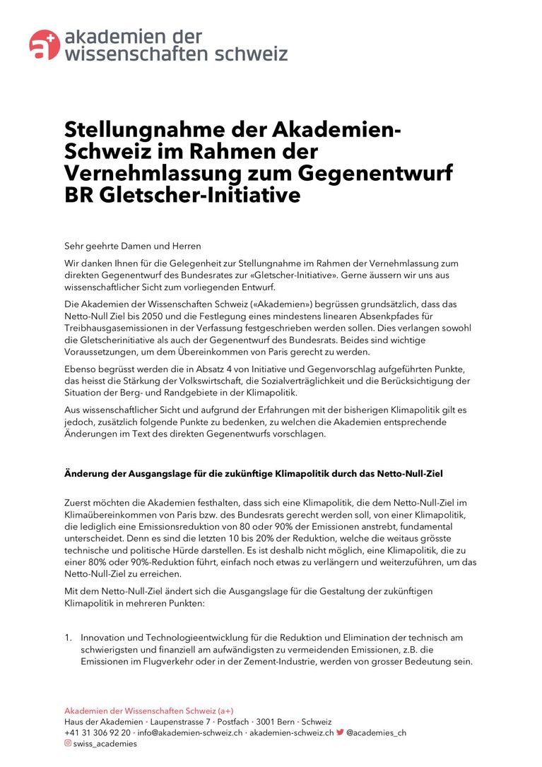 Stellungnahme der Akademien-Schweiz im Rahmen der Vernehmlassung zum Gegenentwurf BR Gletscher-Initiative