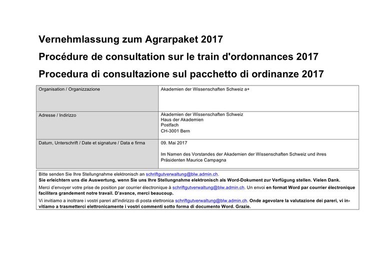 Stellungnahme der Akademien Schweiz zum landwirtschaftlichen Verordnungspaket 2017