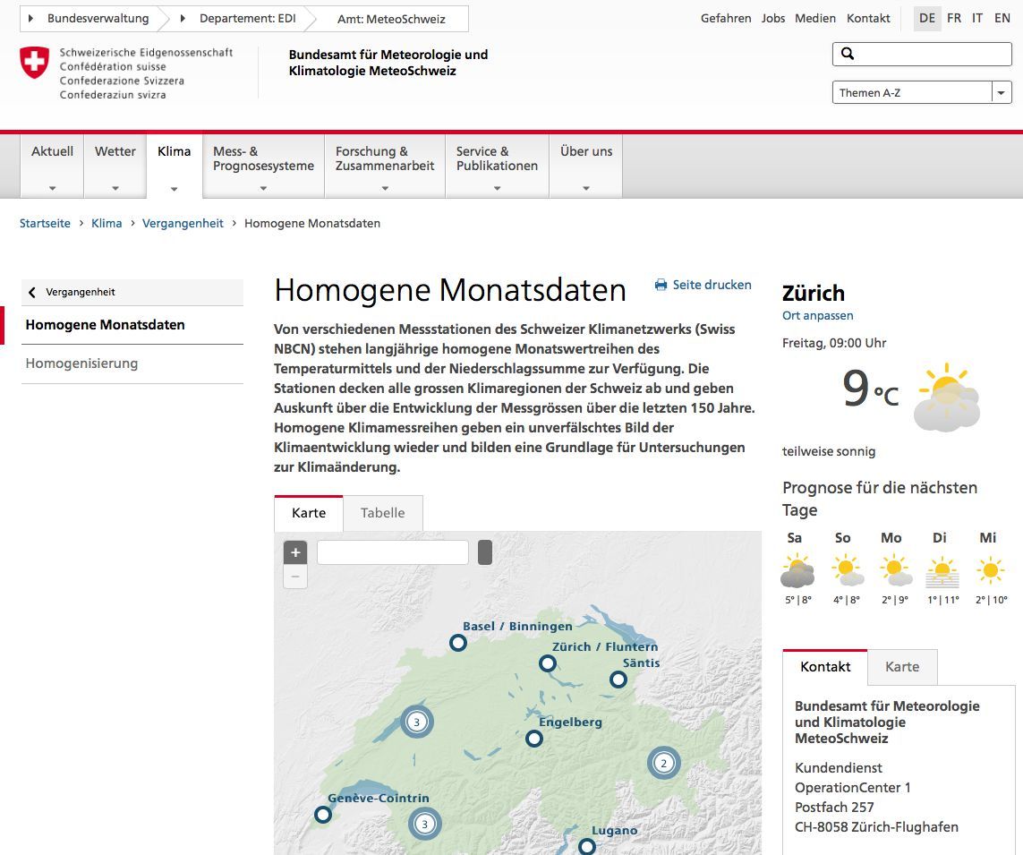 Webseite der MeteoSchweiz: Langjährige homogene Temperatur- und Niederschlagsreihen der Schweiz