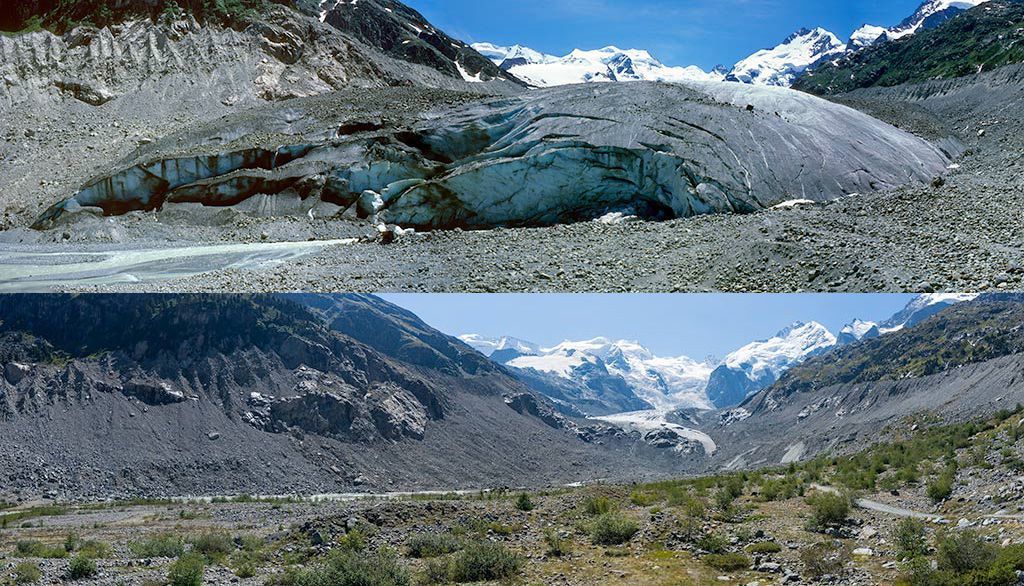 Massiver Schwund des Morteratschgletschers. 1985 war die Gletscherstirn steil und aufgewölbt, was typisch ist für eine Zunge, die vorstösst. Bis 2015 hat sich die Gletscherzunge über 700 Meter zurückgezogen. (Fotos: J. Alean, www.swisseduc.ch/glaciers/)