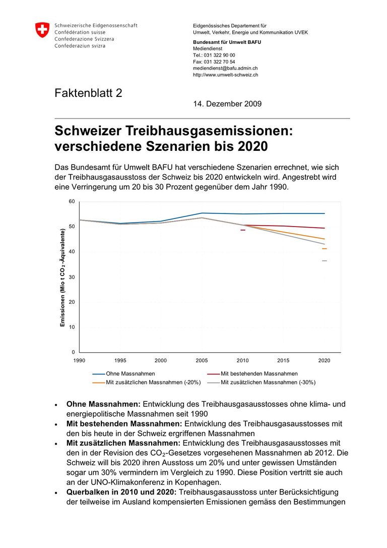 Faktenblatt: Schweizer Treibhausgasemissionen: verschiedene Szenarien bis 2020
