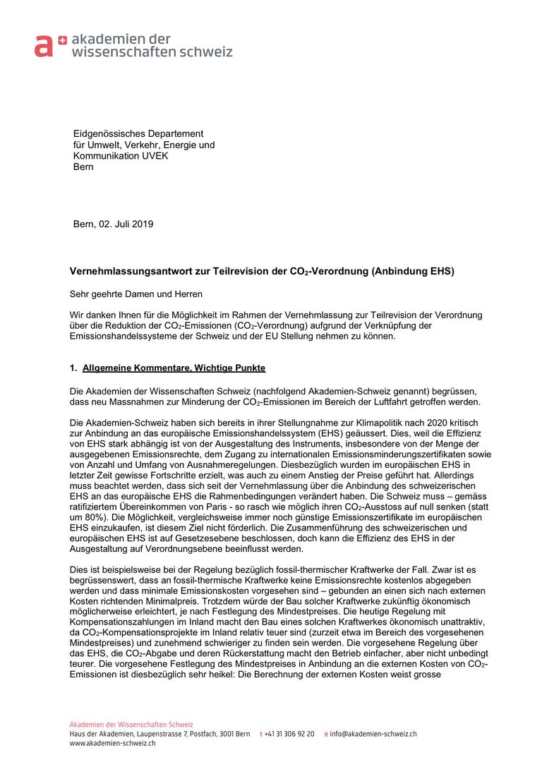 Stellungnahme der Akademien Schweiz zur Teilrevision der CO2-Verordnung (Anbindung EHS)