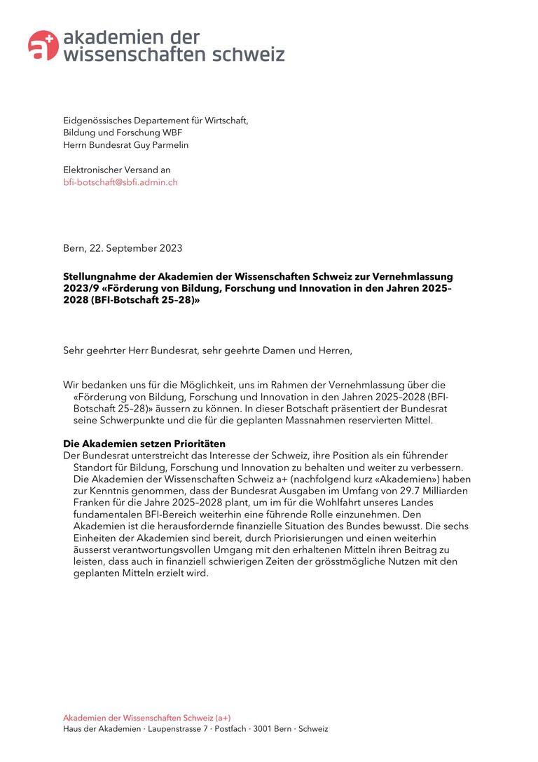 Stellungnahme BFI-Botschaft 2025–28