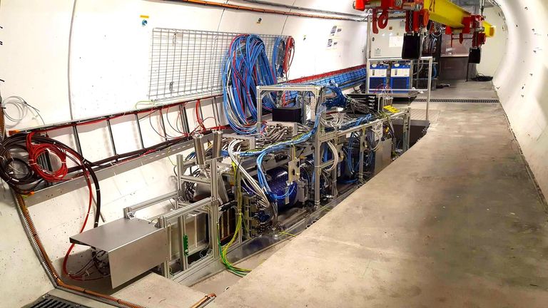 The FASER detector at CERN, in a tunnel 80 metres below the Earth's surface. The detector is aligned in such a way that it detects those particles that are created in proton-proton collisions in the ATLAS experiment and fly straight on from there without deflection.